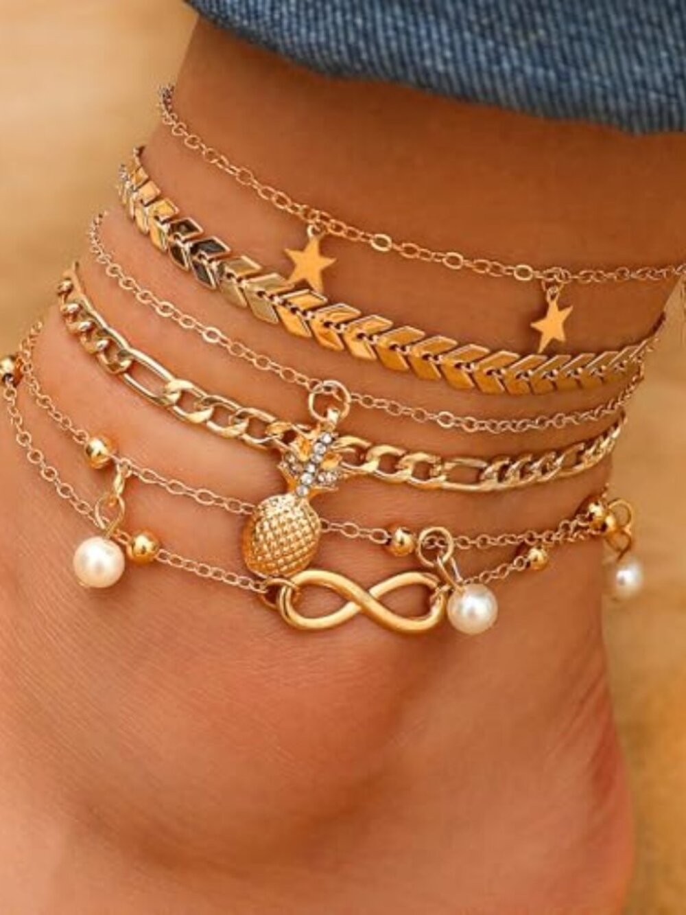 14K Gold Plated Ankle Bracelets Sets For Women, Adjustable Layered Infinite